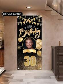 1pc Customizable Polyester Birthday Banner, Luxury Black Gold Birthday Banner, 2D Flat Durable Printed Poster, Personalized Birthday Custom Photo Age Poster, Door Decor Personalized Photo And Design, Multifunctional Personalized Logo Background Cloth, Custom Flag, Washable, Lightweight - Multicolor - View 3
