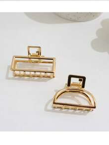 2pcs Women's Small Gold Rectangular Semi-Circle Metal Hair Claw Clips - Gold - View 7