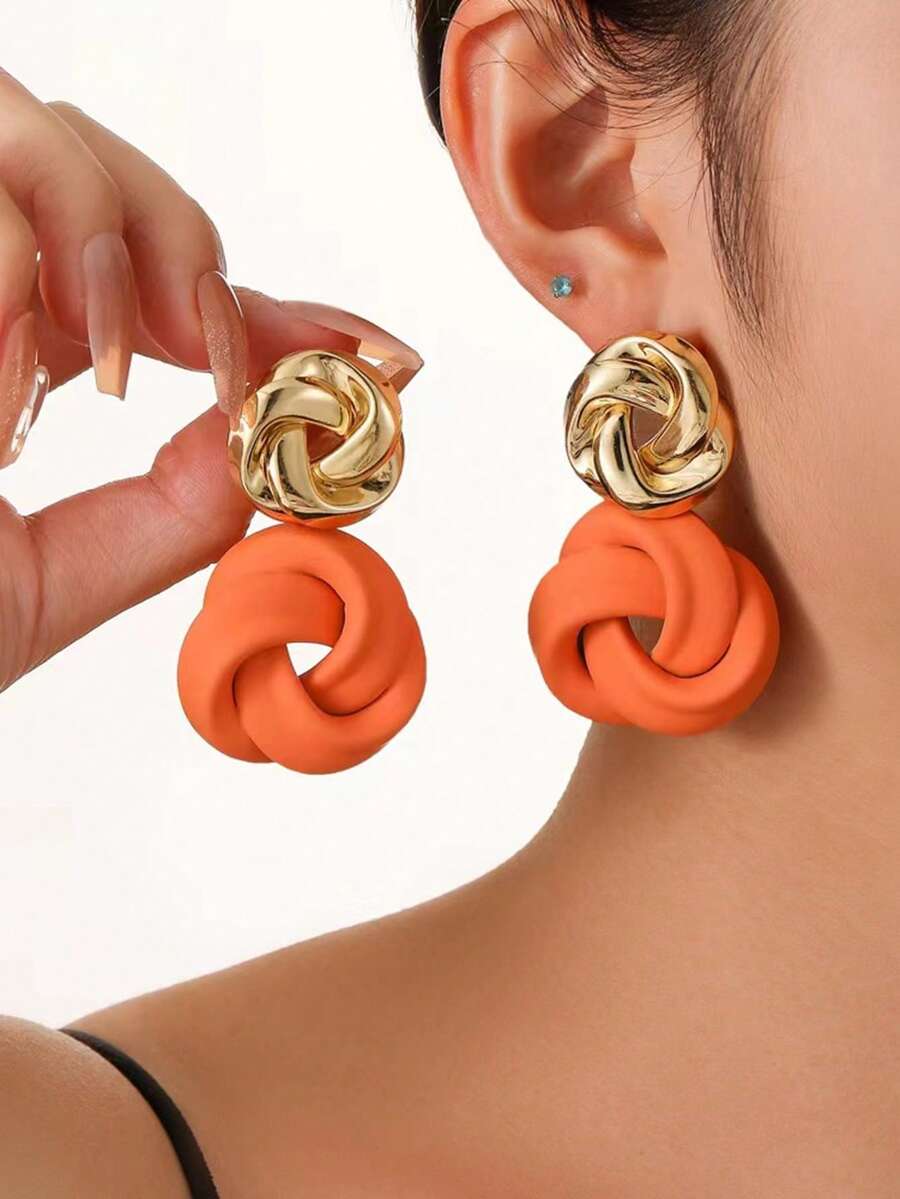 1 par de pendientes de mujer, pendientes de joyería con línea de metal envuelta de manera versátil, adecuados para uso diario - Oro + Naranja - Ver 1