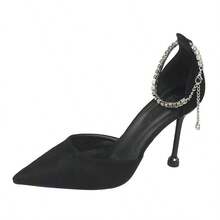 Zapatos de tacón para mujer Zapatos de salón negros de tacón alto, estilo francés, con punta afilada, adornos de cadena y tiras con pedrería, que presentan una silueta sofisticada y elegante. - Negro - Ver 10