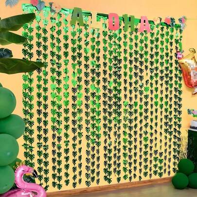 2pcs-Green Palm Leaf Wreath Foil Tassel Curtain, Hawaiian Tropical Palm Leaf Foil Tassel Banner, Suitable For Birthdays, Hawaii Themed Parties, Jungle Forest Parties, Perfect For Summer Beach And Pool Parties, Hawaii Themed Events, Birthdays, Etc. It Can Also Be Used As A Plastic Photo Prop, Mother's Day Graduation Ceremony Decoration