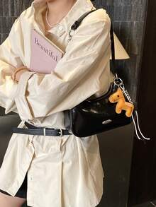 Designer Damen Mode Nische elegante tragbare Umhängetasche, schicke Crossbody Unterarm einfarbige Kette Mini Halbmond Tasche - Schwarz - Übersicht 2