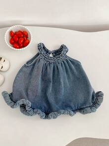 夏季新款女童套装，女婴牛仔编织吊带上衣+裤子，时尚休闲牛仔两件套 - 藍色 - 查看 4