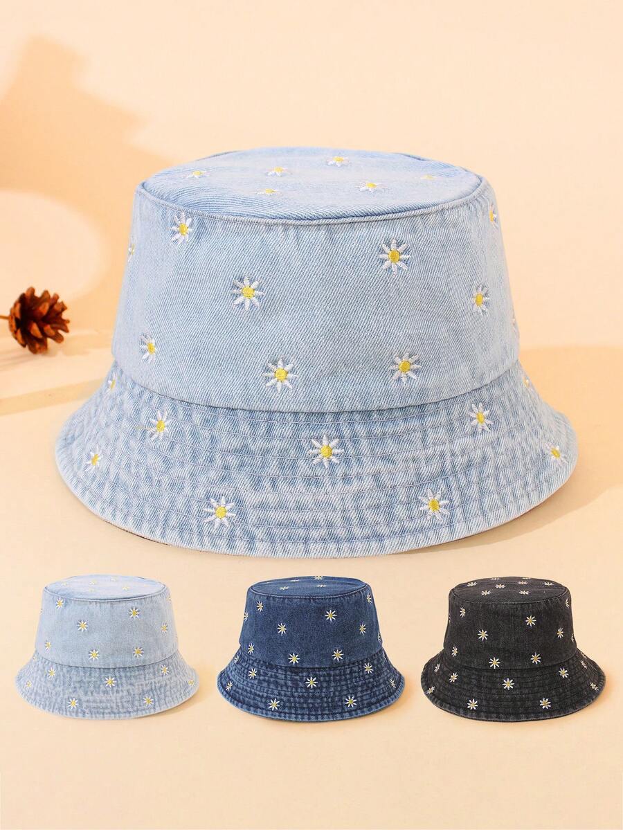 1 pieza Sombrero de cubo de mezclilla lavada con bordado de margarita de verano - 1PC - Ver 1