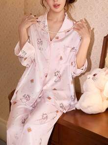 Gongdie 2pcs Disney Marie Cat Print Cotton Long Sleeve Pajama Set For Women, Spring/Autumn - Pink - View 6