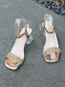 Sandalias con tacón y adornadas con diamante de imitación brillantes para adolescentes - Zapatos de fiesta con tiras doradas y transparentes - Dorado - Ver 9