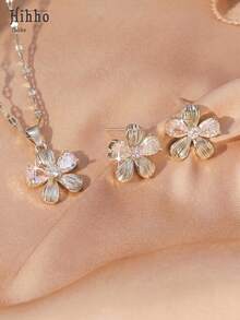 Hihho 3pcs/Set Stainless Steel Necklace With Sparkling Cubic Zirconia 5-Petal Flower Pendant + Flower Earrings, Elegant French Style Jewelry Set For Women, Suitable For Daily Wear, Holidays, Birthdays, Parties, Etc. - Silver - View 7