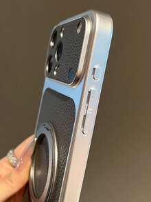 Fashion Lychee Leather Texture Large Window Phone Case Compatible With IPhone 17 Pro Max 17 Pro 16 Pro Max 15 Pro Max 14 Pro 13 12 Pro 16 17 Magnetic 360 Rotating Bracket Camera Protection Matte Soft Bumper Shockproof Cover - Grey - View 9