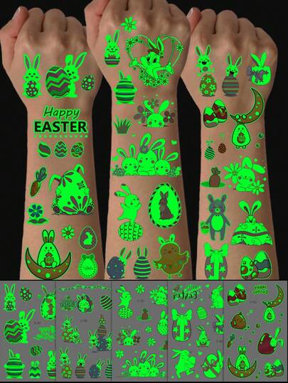 12张复活节夜光临时纹身贴纸，可爱卡通夜光兔子、复活节彩蛋、小鸡、春花、胡萝卜图案，复活节装饰派对礼品，复活节篮子填充物礼物，寻蛋游戏奖品