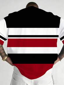 Plus Size Men's Casual Round Neck T-Shirt, Polyester Knit Fabric Comfortable & Breathable, Fashion Contrast Color Plaid Print, Casual Street Striped Plaid Contrast Color Patchwork Design Fresh Series, Creative Personalized Top - Black - View 2
