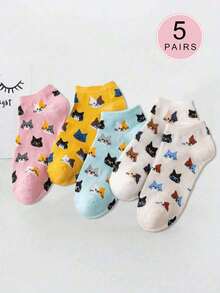 1/5 pares de calcetines cortos de mujer con estampado de gato, calcetines de barco de moda urbana, suaves y duraderos - Multicolor - Ver 8