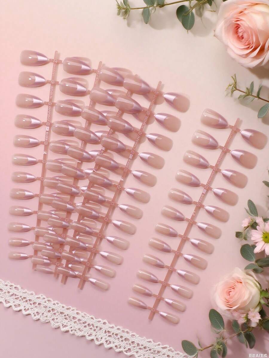 5pcs/Set DIY Nail Stickers, Various Styles And Pink Colors, Long/Short Almond, Oval, Square, Coffin Shapes, Suitable For Girls, Ladies, Festivals And Parties - Multicolor - View 1