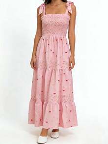 Vestido de mujer con tirantes anudados, sin mangas, con escote cuadrado, estampado floral de cerezas, vestido largo fruncido. - Rosa - Ver 2