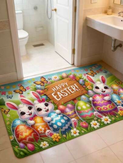 1件装复活节兔子和彩蛋图案防滑易清洁耐用涤纶纤维地毯，轻便机织，适用于浴室、客厅、卧室、厨房、办公室