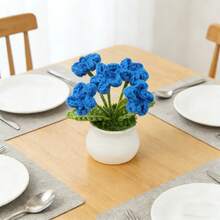 1pc Handmade Knitted Forget-Me-Not Flower Potted Plant, Beautiful Handcrafted Floral Decor, Home Decoration, Creative Gift, Suitable For Mother, Girlfriend - Multicolor - View 6