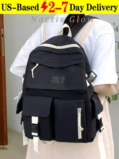 Multi-Pocket Large Capacity Backpack - Minimalist College Style For Students & Professionals, Durable Nylon Material, Roomy Interior With Laptop Sleeve, Exterior Pockets For Small Items, Suitable For School, Work Commute & Travel