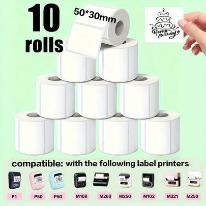 10 Rolls Thermal Label Paper, 50*30mm White Self-Adhesive For Portable Handheld Printers - Barcode Address Shipping Business Office And Home Use Mini Thermal Printer