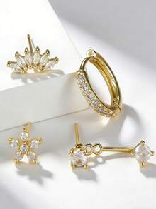 Bộ 4 đôi bông tai hình hoa đính đá Cubic Zirconia thanh lịch, kiểu dáng nhiều lớp thời trang, phụ kiện bông tai dành cho nữ, phù hợp cho tiệc tùng và đeo hàng ngày. - Bộ hoa tai LM-Hoa - Xem 7