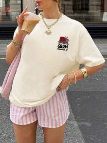 Women's Summer New Simple Letter & Rose Print Casual Loose Versatile Round Neck Beige Short Sleeve T-Shirt, Everyday Top, Suitable For Daily Wear - Apricot - View 1