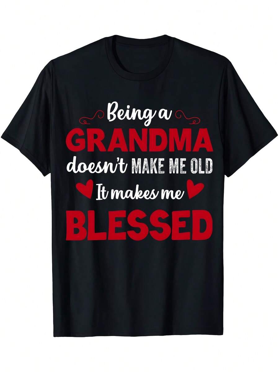 Women-Shirt Tshirt Grandma Print-Shirt, Mother's Day Short Sleeve Crew Neck Casual Top, Spring/Summer, Women's Clothing - 黑色 - 查看 1
