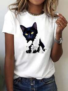 Casual White T-Shirt For Everyday Wear, Featuring A Black Cat Pattern Combined With Floral Prints. - White - View 4