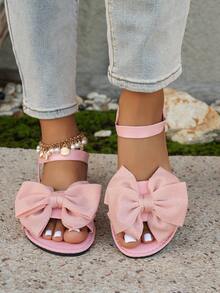 Sandalias con correa de moda para mujer, decoración hecha a mano con lazo, punta redonda plana adecuada para uso en interiores y exteriores - Rosa - Ver 4
