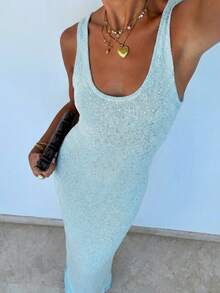 Vivid Style 女装，百搭时尚，适合海滩度假、派对、生日、优雅假日、性感休闲、修身显瘦的亮片紧身无袖针织蓝色连衣裙，约会装扮，夏季长裙 - 薄荷藍 - 查看 4