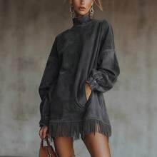 New High-Neck Suede Vintage Loose-Fitting Long-Sleeve Dress With Pockets And Tassels - hồng - Xem 5