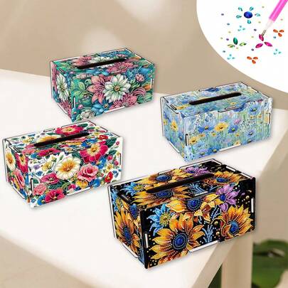 1件套钻石画纸巾盒套装，花卉图案，木质材质，特殊形状钻石镶嵌，手工制作，适用于餐桌、办公桌、书桌，自用或送礼皆宜。