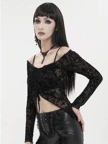 Devil fashion Blusa de encaje con hombros descubiertos y cordón, camiseta interior transparente de manga larga con estampado de cruz y rosa en estilo gótico - Negro - Ver 2