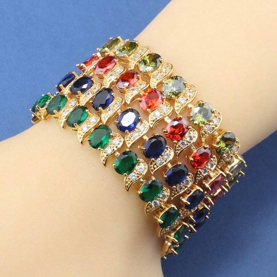 18K Gold Plated Cubic Zirconia Tennis Bracelet, Versatile Luxury Niche Design, Elegant Vintage Fashion Accessory For Women, Adjustable Length 18cm+3cm, Ideal Gift, Multiple Colors Available - Green - View 1