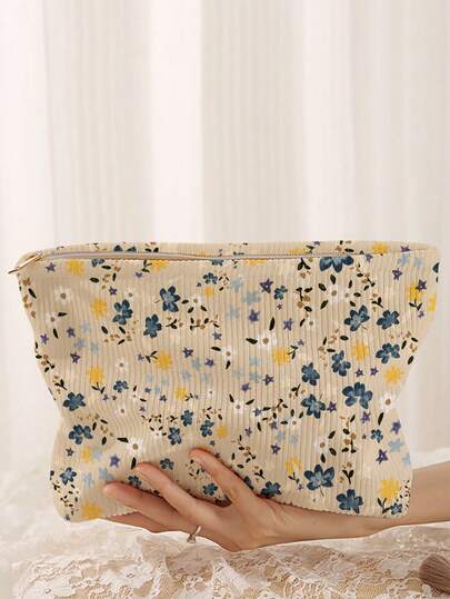 1pc Portable Floral Pattern Cosmetic Bag, Double-Sided Printed Zipper Makeup Pouch, Multifunctional Travel Toiletry Organizer