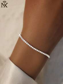 SYMFNY 1pc Minimalist Elegant 925 Sterling Silver 2mm Cubic Zirconia Bead Adjustable Bracelet, Niche Luxury Versatile Daily Wear & Gift Jewelry - Silver - View 1