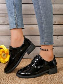 时尚百搭女士真皮牛津鞋，英伦风高跟系带粗跟鞋 - 黑色 - 查看 3