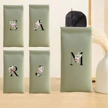 Fashionable Eyeglass Case, Unisex Eyewear Storage Set With Elastic Zipper Closure, Floral & Letter Print, Portable Cable Organizer Pouch, Essential For Holidays And Travel - Green - View 12