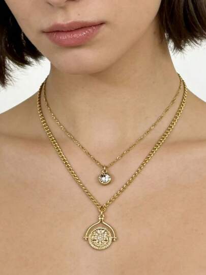 1pc Fashionable Ramadan Style Gold Chain Star & Moon Pendant Necklace, Suitable For Festivals, Parties, Formal Events, Vacation Outfit Accessory