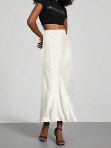 Se-Helo Women's Fashion All-Season Satin-Faced Elastic Waist Maxi Skirt Spring - White - View 5