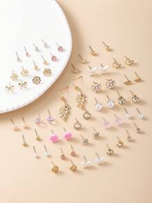 30 Pairs/Set Delicate Metal Tree, Shell, Pearl, Heart Shaped Earrings Gift Set For Women - Multicolor - View 2