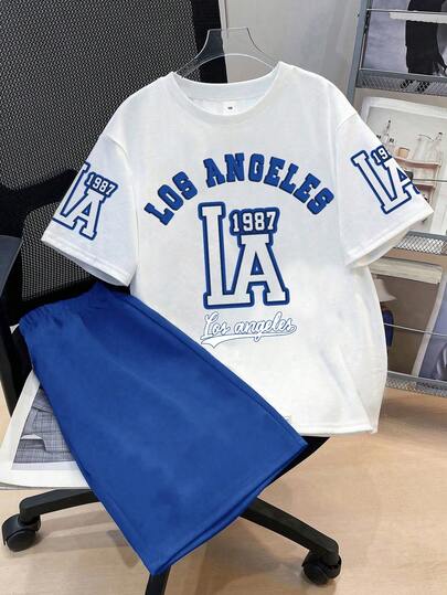 Tween Boy Letter Print Short Sleeve T-Shirt And Shorts