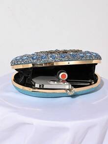 Women's Evening Bags Sparkly Rhinestone Clutch Purses Luxury Handbags | Sparkly, Rhinestone, Luxury, Sparkly, Rhinestone, Luxury - Sparkling Oval Purse With Convertible Gold Chain, Elegant Bridal & Prom Handbag For Weddings, Parties, And Formal Events - 藍色 - 查看 3