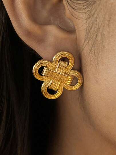 1 par de pendientes de botón con nudo chino de tono dorado con textura de dinero antiguo vintage - Pendientes de declaración de nudo de trébol de lujo para mujeres, joyería elegante retro para la oficina, fiestas y uso diario