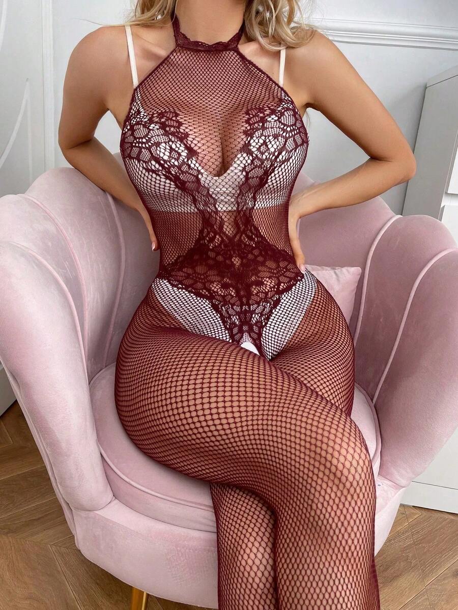 Women's Sexy Off-Shoulder Jumpsuit, Fishnet Jumpsuit, Bikini Cover-Up - Burgundy - View 1