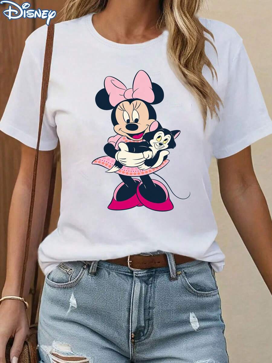 [Disney Licensed] Minnie Mouse And Cat Print Women's T-Shirt, Casual And Stylish Round Neck Short Sleeve Summer Top, Girls' Personalized College Style Cartoon Breathable Sports Shirt, Outdoor Daily Casual Wear - White - View 1