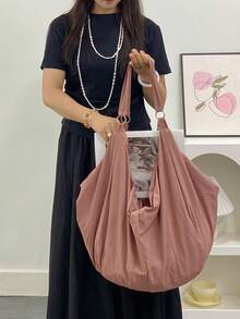 Large Capacity Solid Color Shoulder Bag, Waterproof Nylon Material, Minimalist Unisex Crossbody Bag, Zipper Closure, Casual Versatile Tote Bag Suitable For Work, Study, Travel - Rusty Rose - View 10