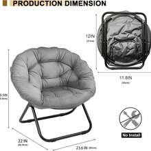 Folding Oversized Saucer Chair, Lazy Moon Chair With Sturdy Metal Frame, Comfy Accent Chair For Bedroom, Living Room, Study, Grey - 灰色 - 查看 8