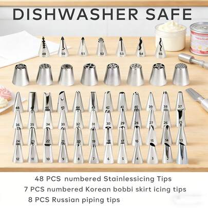 63pcs Stainless Steel Piping Nozzle Set: 48 Classic Flower Patterns + 7 Korean Ruffle Edges + 8 Russian 3D Flowers, Essential For Professional Baking