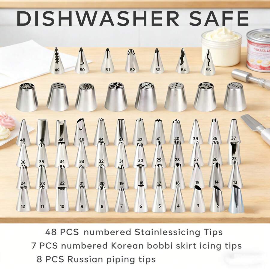 63pcs Stainless Steel Piping Nozzle Set: 48 Classic Flower Patterns + 7 Korean Ruffle Edges + 8 Russian 3D Flowers, Essential For Professional Baking - Silver - View 1