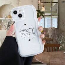 1个透明波浪形保护壳，旅行飞机地图图案，适合日常使用，兼容 17 Air/17 Pro/17 Pro Max/17/16 e/16/15/14/13/12/11/X/Xr/8/7和Galaxy A14/A15/A54/S24/S24 Ultra系列 - 無色 - 查看 2