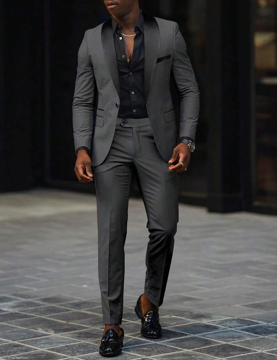 European And American Men's Business Casual Suit Set, Men's Wedding Groom Slim-Fit Two-Piece Suit - Màu xám đen - Xem 1