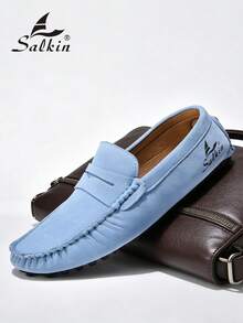 Salkin Designer Women's Slip-On Loafers, Nantucket Breeze Driving Shoes, Solid Soft Faux Suede Casual Flats, Budget-Friendly High-End Feel, Comfortable Breathable Studded Rubber Sole, Versatile Leather Shoes For Dresses, Jeans, Outdoor Walking, Suitable For Middle-Aged, Young, Students, Daily Wear, Spring/Summer/Fall, Plus Size - Sky Blue - View 4